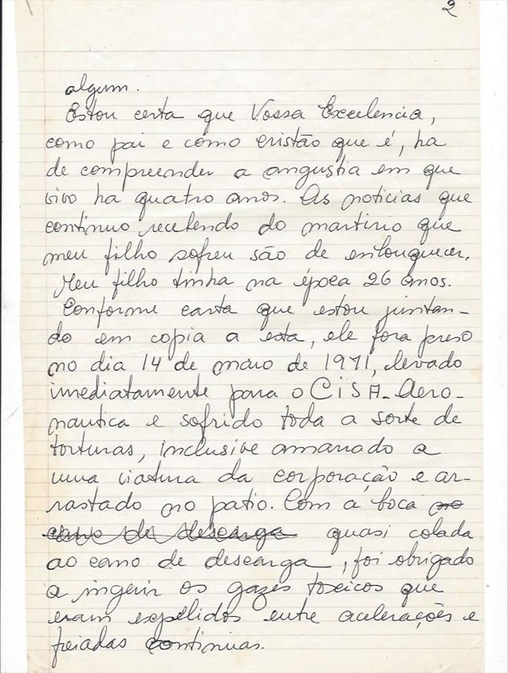 Carta manuscrita por Zuzu Angel para o presidente Geisel, datada de 29 de abril de 1975. No documento, ela menciona a prisão de Stuart Angel em 14 de maio de 1971 e detalha parte do processo de tortura que ele sofreu